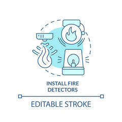 Install fire detectors turquoise concept icon. Wild fire safety abstract idea thin line illustration. Smoke alarms. Isolated outline drawing. Editable stroke. Arial, Myriad Pro-Bold fonts used
