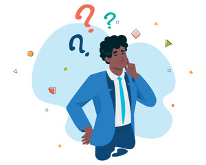 Man and questions sign. Thinking man have idea. Design solution, Worker making choice, Person in trouble