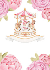 Carousel. Flyer template.Kids frame with peonies carousel horses.Baby design © Victoria
