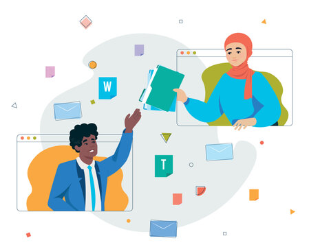 People send file and folders. Woman give documand trouth data base. around icons documents, letters. People in windows