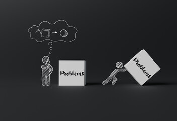 Pushing a ball and a square with the word Problem. The concept of solving problems, searching for new innovative methods. 3d rendering, 3d illustration.