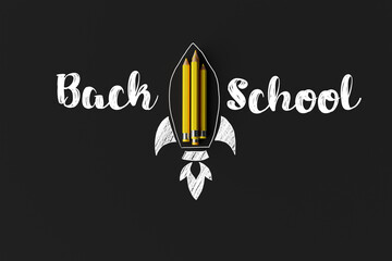 Pencils arranged in the shape of a rocket and outlined with a rocket with the word back to school. Concept for starting school, back to school. 3d rendering, 3d illustration.