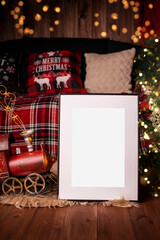 Mock up poster. Minimal template with empty picture frame mock up. Minimalist Christmas interior decoration