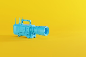 A blue film camera on a pastel yellow background. Concept of filming, making movies. 3d rendering, 3d illustration.