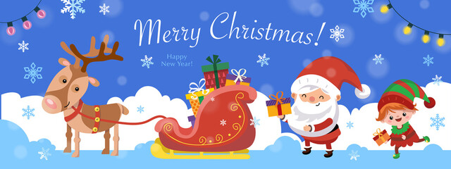 Christmas banner, postcard with Santa Claus, deer and elf.Cartoon style characters on background. Vector hand drawn illustration.