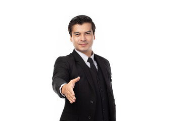 Obraz na płótnie Canvas Portrait happy young business man open hand ready to seal a deal. Businessman handshaking isolated on white background.
