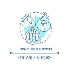 Dont use elevators turquoise concept icon. Escape house from fire abstract idea thin line illustration. Stucking risk. Isolated outline drawing. Editable stroke. Arial, Myriad Pro-Bold fonts used