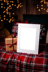 Mock up poster. Minimal template with empty picture frame mock up. Minimalist Christmas interior decoration