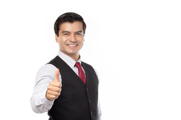 Portrait happy young business man touching in empty screen isolated on white background.