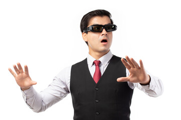 Businessman in a suit with virtual reality VR glasses hand touching virtual global internet connection metaverse on his head isolated on white background.