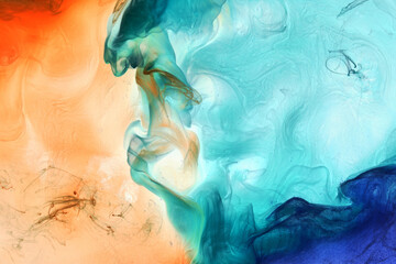 Fototapeta na wymiar Liquid fluid art abstract background. Orange blue acrylic paint underwater, galactic smoke ocean