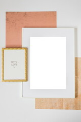 Mock up poster. Minimal template with empty picture frame mock up. White background, boho