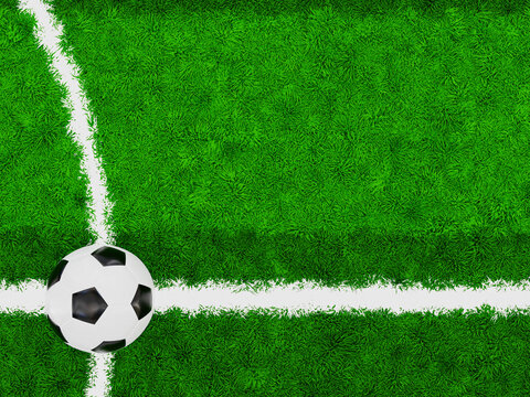 3d football or soccer grass field. close-up 3d white circle line grass texture. soccer ball or football from a top view on a rim of white centerline of a football pitch. 3d rendering illustration.