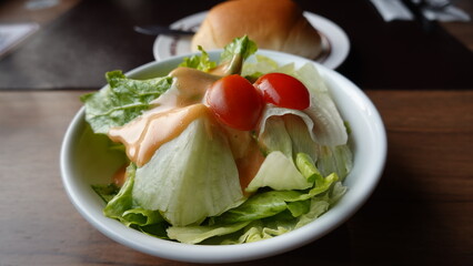 Fresh garden salad with lettuce, tomatoes, and creamy dressing served in a bowl, representing healthy eating and light meal concept.