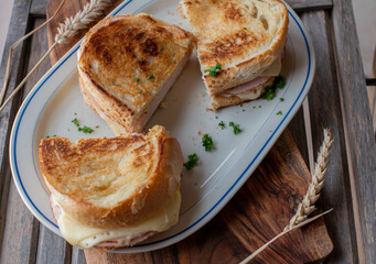 Plate with sandwiches. Pan fried baguette with ham and cheese