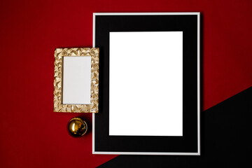 Mock up poster. Minimal template with empty picture frame mock up. Red background