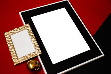 Mock up poster. Minimal template with empty picture frame mock up. Red background