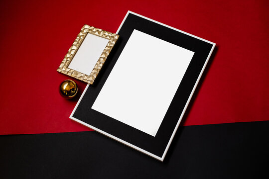 Mock up poster. Minimal template with empty picture frame mock up. Red background