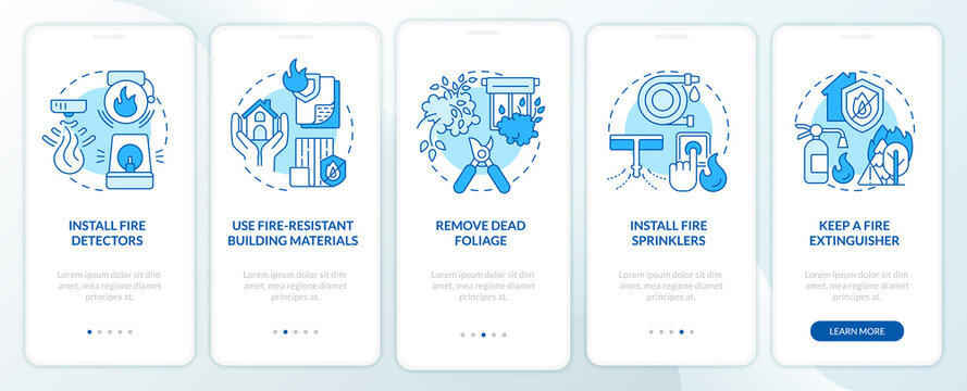 Surviving Wildfire At Home Blue Onboarding Mobile App Screen. Walkthrough 5 Steps Editable Graphic Instructions With Linear Concepts. UI, UX, GUI Template. Myriad Pro-Bold, Regular Fonts Used