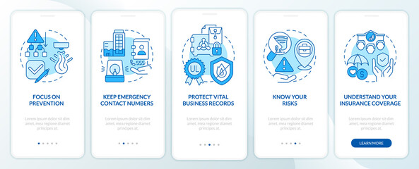 Business disaster planning blue onboarding mobile app screen. Walkthrough 5 steps editable graphic instructions with linear concepts. UI, UX, GUI template. Myriad Pro-Bold, Regular fonts used