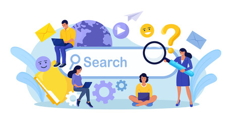 People Use Search Bar. Searching Information in Internet, Communication in Social Network. Characters Using Phone and Laptop for Searching Info in Web Browser. Search Engine Optimization and Analytics