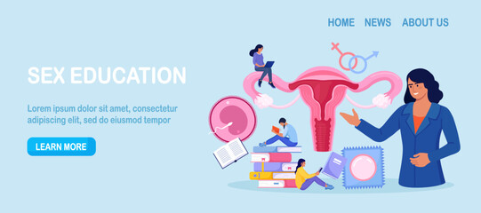 Sex education. Gynecologist Doctor Consultate Girls. Puberty, Maturation. Sexual Health Lesson for Young People. Contraception and Female Reproductive System, Uterus, Ovaries. Sexuality and Gender