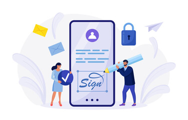 Businessman signing contract with digital pen on phone screen. Electronic contract with digital signature. Businessmen make online deal with e-signature. Agreement conclusion, business partnership