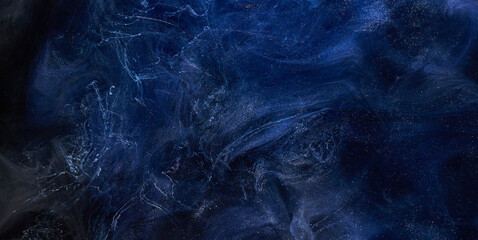 Liquid fluid art abstract background. Blue acrylic paint underwater, galactic smoke ocean