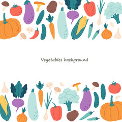Vegetables, mushrooms and beans background. Natural organic nutrition. Healthy food, dietetics products, fresh vitamin grocery products. Vector illustration in flat style