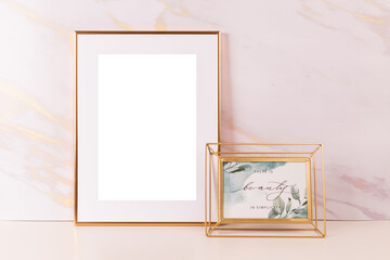 Mock up poster. Minimal template with empty picture frame mock up. White background, boho