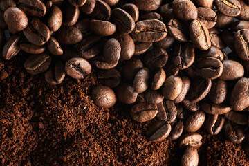 Roasted coffee beans different sort ground and whole close up background