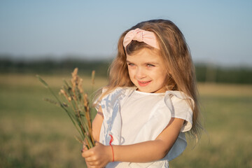 Portrait of a beautiful little girl with blonde hair. The child walks in the field and collects a bouquet. Model appearance in a child