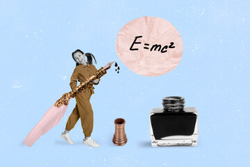 Composite collage picture of happy smiling girl black white effect hold huge ancient ink pen...