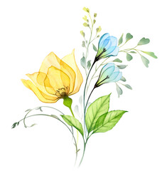 Watercolor floral bouquet with yellow rose and blue snowdrops. Abstract composition with Ukrainian flowers and leaves. Hand painted illustration with Ukraine symbolic colours - 519152298