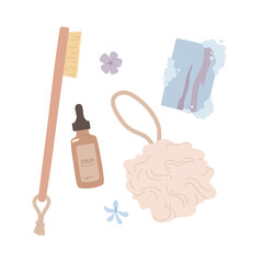 Set of items on the topic of body care, hygiene, skin care and spa treatments.