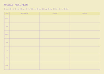 Note, scheduler, diary, planner document template illustration. Weekly meal plan template.
