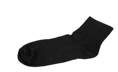 Black sock isolated on white background. Concept : polite socks for men or women to wear to work, to school in formal uniform. Daily life costume.  