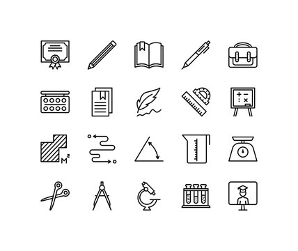 School and education flat line icons set. Book, graduate hat, pen, pencil and other. Simple flat vector illustration for web site or mobile app