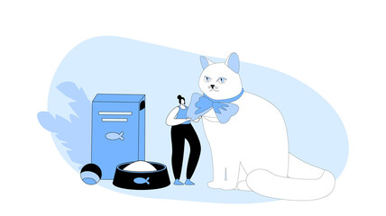 Tiny Female Character with Huge Cat and Accessories for Domestic Animal. Food in Plate and Package, Toy Ball