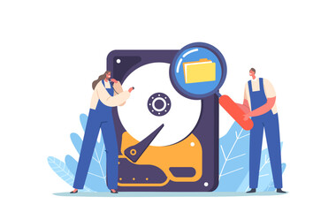 Data Recovery Service, Backup, Information Protection, Hardware Repair Concept. Tiny Workers in Uniform Restore Files