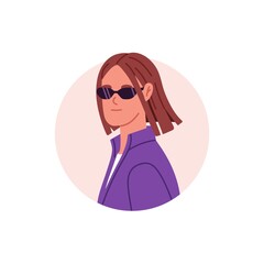 Woman head portrait. Cool girl agent in sunglasses. Face avatar for confidential secret user profile. Female detective in sun glasses. Flat vector illustration isolated on white background