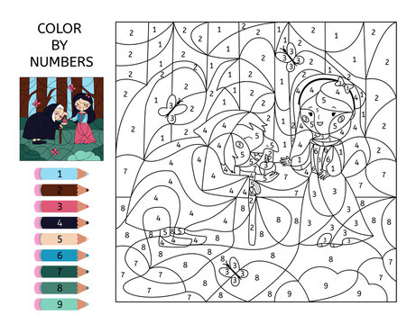 Color by numbers. Educational game with Snow White and witch. Puzzle for kids. Fairy tale cartoon characters. Coloring page for book. Vector illustration.