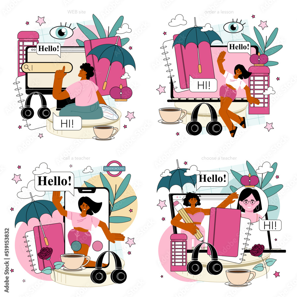 Poster english class online service or platform set. study foreign languages