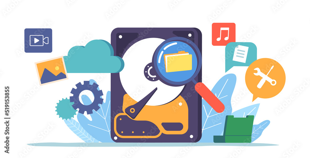 Poster backup and data recovery modern technologies concept. computer hard disk, cloud storage, media files