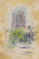 Basilica de la Sagrada Familia in Barcelona - Watercolor effect illustration