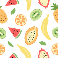 Bright seamless pattern with abstract flat fruits. Vector white wallpaper. Tropical textiles, surface design