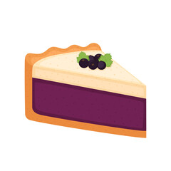 Piece of black currant cheesecake. Blackcurrant pie isolated on white background, vector illustration