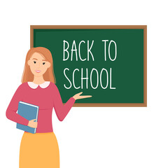 Teacher with book in hand near schoolboard. Back to school concept. Vector illustration