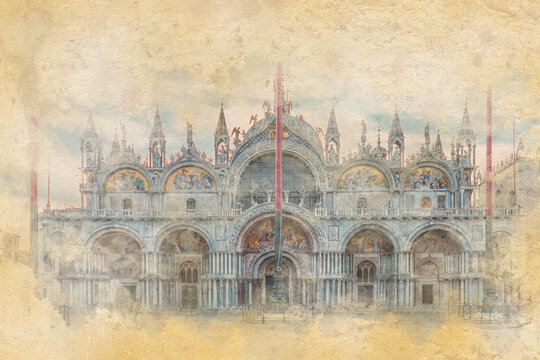 St Mark's Basilica in Venice City - Watercolor effect illustration