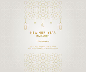New Hijri Islamic Year 1 Muharram Invitation Greeting Card with Arabic Pattern, Crescent, Lantern, and Star. Vector Illustration